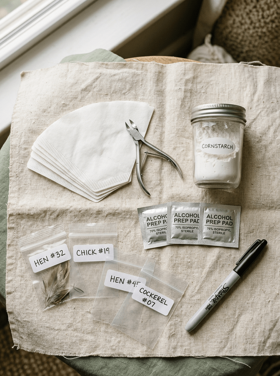 Poultry DNA sample collection supplies on linen: nail clippers, coffee filters, cornstarch, alcohol prep pads, a marker, and labeled specimen bags