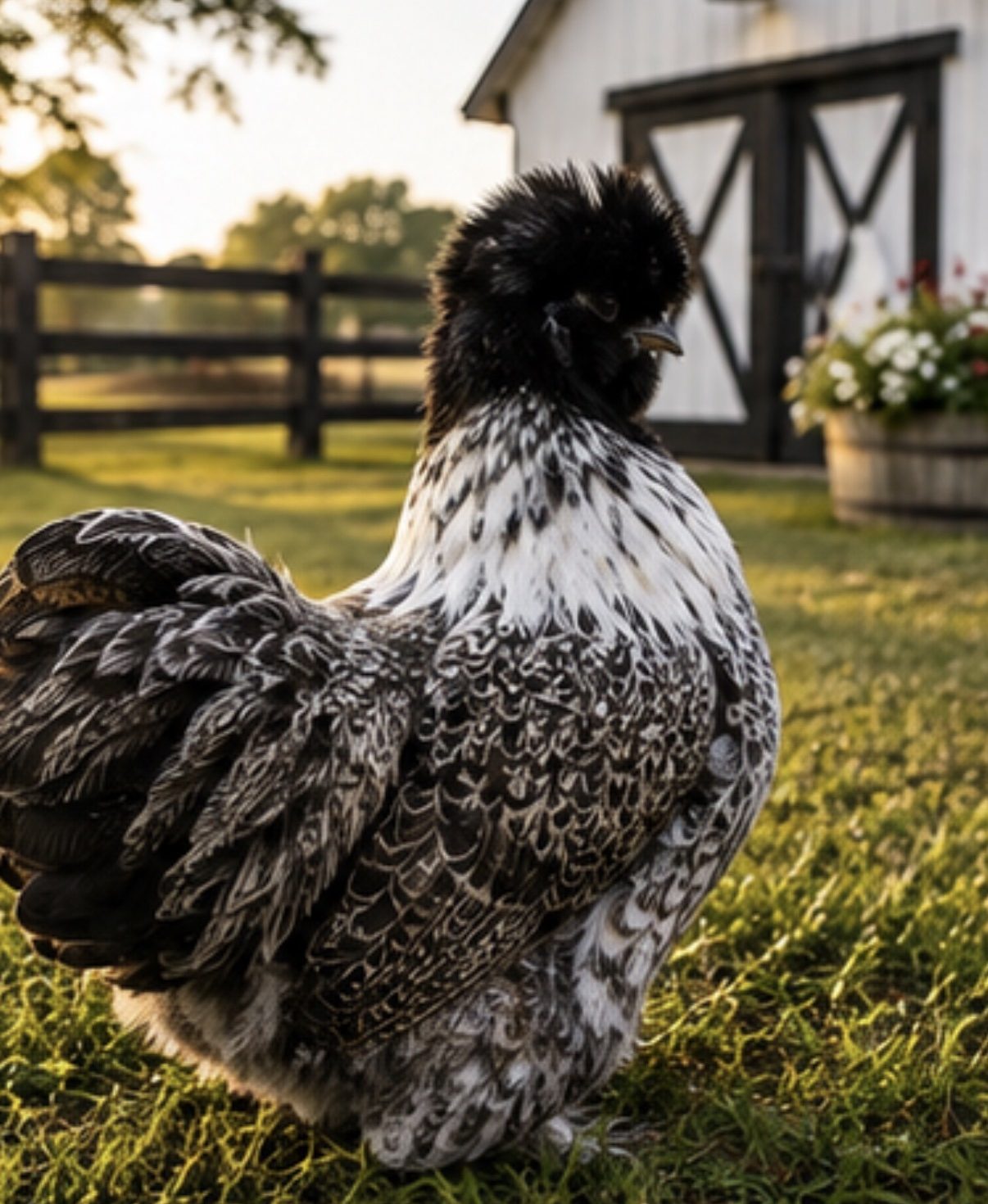 Black and white paint Silkie chicken standing on grass in front of a white barn at golden hour