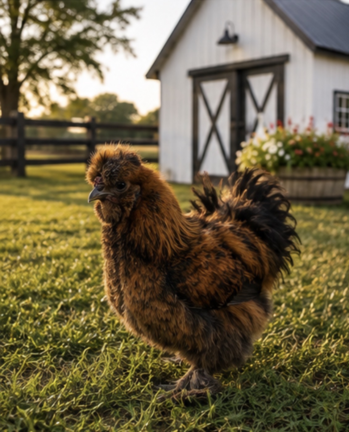 Partridge Silkie chicken with fluffy brown plumage standing on grass in front of a white barn