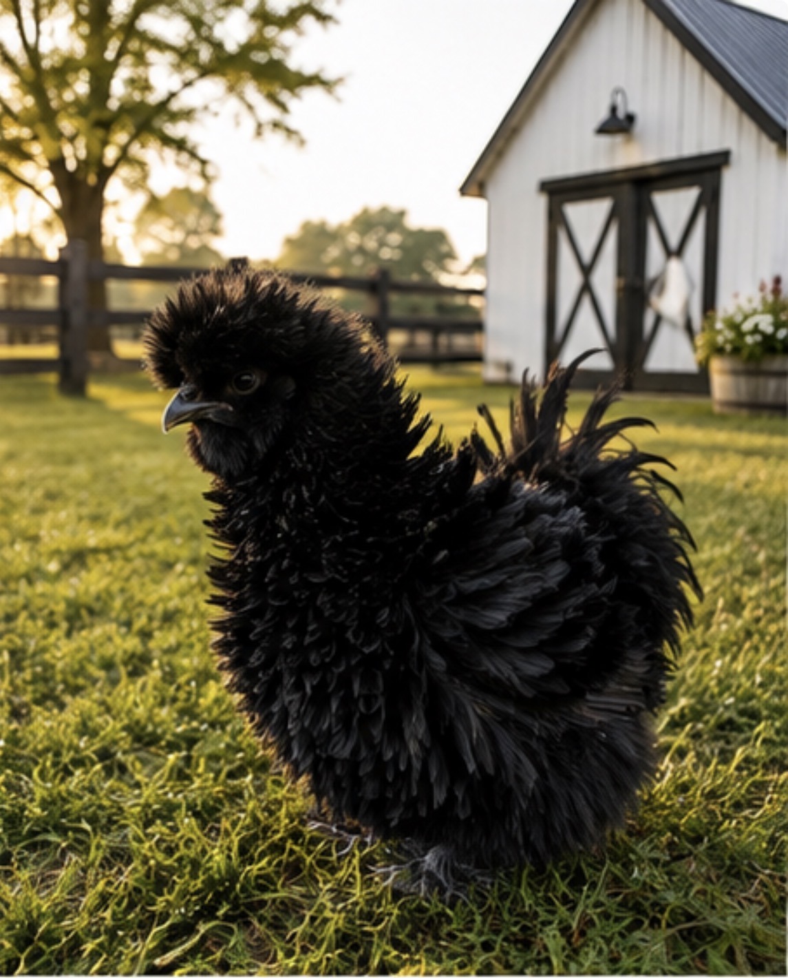 Black Silkie chicken with fluffy black plumage and crest standing on grass in front of a white barn