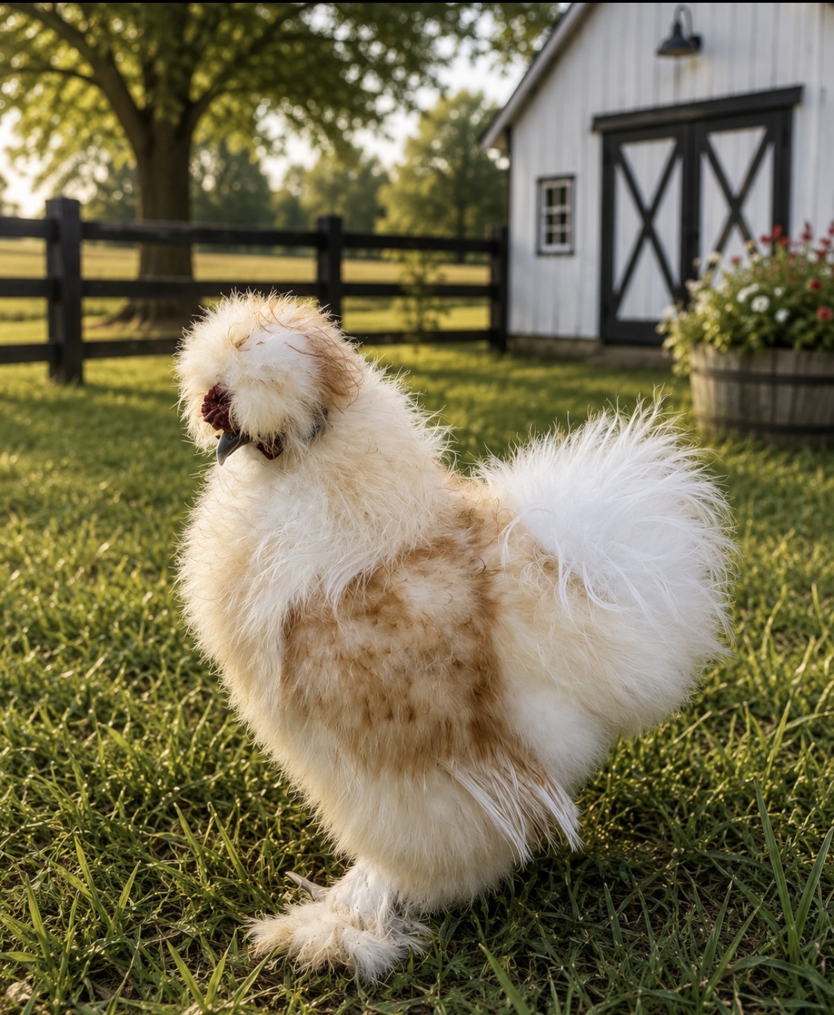 Buff and white Silkie chicken with fluffy plumage and crest standing on grass by a white barn